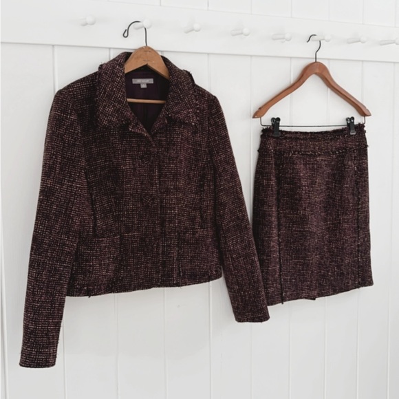 Ann Taylor Wool Tweed Two Piece Set Blazer Skirt Fringe Women 6 Office Feminine - Picture 2 of 16